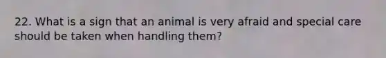 22. What is a sign that an animal is very afraid and special care should be taken when handling them?