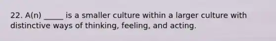 22. A(n) _____ is a smaller culture within a larger culture with distinctive ways of thinking, feeling, and acting.