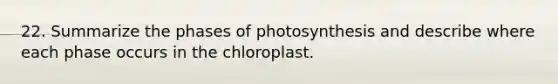 22. Summarize the phases of photosynthesis and describe where each phase occurs in the chloroplast.