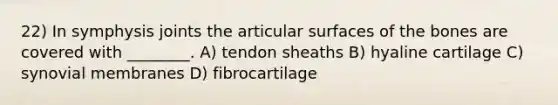 22) In symphysis joints the articular surfaces of the bones are covered with ________. A) tendon sheaths B) hyaline cartilage C) synovial membranes D) fibrocartilage