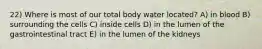 22) Where is most of our total body water located? A) in blood B) surrounding the cells C) inside cells D) in the lumen of the gastrointestinal tract E) in the lumen of the kidneys