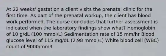 At 22 weeks' gestation a client visits the prenatal clinic for the first time. As part of the prenatal workup, the client has blood work performed. The nurse concludes that further assessment is indicated when the laboratory findings show what? Hemoglobin of 10 g/dL (100 mmol/L) Sedimentation rate of 15 mm/hr Blood glucose level of 115 mg/dL (2.98 mmol/L) White blood cell (WBC) count of 9000/mm3