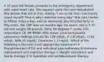 A 22 year-old female presents to the emergency department with rapid heart rate. She appears quite thin and dehydrated. She denies that she is thin, stating "I am so fat that I can hardly stand myself! That is why I exercise every day." She runs twelve to fifteen miles a day, and on weekends also bicycles forty to fifty miles. Her LMP was six months ago. On exam, she is 5' 6" tall and weighs 98 pounds. Temp 98 degrees F, pulse 100, respirations 18, BP 98/60. EKG shows sinus tachycardia. Laboratory findings include Na 138 mEq/L, K 2.8 mEq/L, Cl 91 mEq/L, BUN 35 mg/dL, Creatinine 1.1 mg/dL. Which of the following is the next most appropriate treatment? A Propylthiouracil (PTU) and individual psychotherapy B Hormone replacement and cognitive therapy C Weight restoration and family therapy D IV hydration and antidepressant therapy