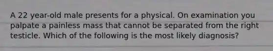 A 22 year-old male presents for a physical. On examination you palpate a painless mass that cannot be separated from the right testicle. Which of the following is the most likely diagnosis?