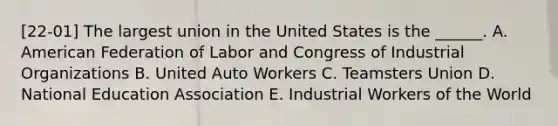 [22-01] The largest union in the United States is the ______. A. American Federation of Labor and Congress of Industrial Organizations B. United Auto Workers C. Teamsters Union D. National Education Association E. Industrial Workers of the World