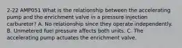 2-22 AMP051 What is the relationship between the accelerating pump and the enrichment valve in a pressure injection carburetor? A. No relationship since they operate independently. B. Unmetered fuel pressure affects both units. C. The accelerating pump actuates the enrichment valve.