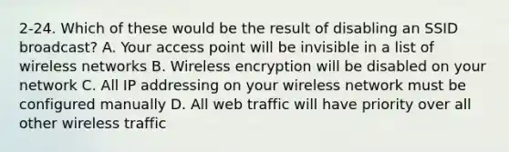 2-24. Which of these would be the result of disabling an SSID broadcast? A. Your access point will be invisible in a list of wireless networks B. Wireless encryption will be disabled on your network C. All IP addressing on your wireless network must be configured manually D. All web traffic will have priority over all other wireless traffic