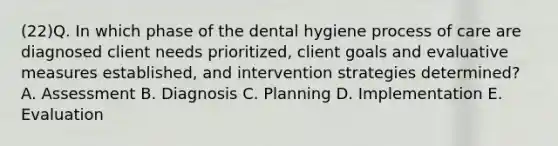 (22)Q. In which phase of the dental hygiene process of care are diagnosed client needs prioritized, client goals and evaluative measures established, and intervention strategies determined? A. Assessment B. Diagnosis C. Planning D. Implementation E. Evaluation