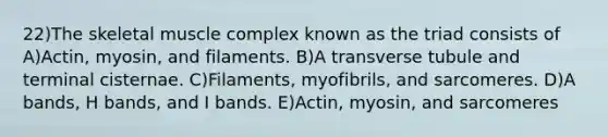 22)The skeletal muscle complex known as the triad consists of A)Actin, myosin, and filaments. B)A transverse tubule and terminal cisternae. C)Filaments, myofibrils, and sarcomeres. D)A bands, H bands, and I bands. E)Actin, myosin, and sarcomeres