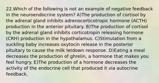 22.Which of the following is not an example of negative feedback in the neuroendocrine system? A)The production of cortisol by the adrenal gland inhibits adrenocorticotropic hormone (ACTH) production in the anterior pituitary. B)The production of cortisol by the adrenal gland inhibits corticotropin releasing hormone (CRH) production in the hypothalamus. C)Stimulation from a suckling baby increases oxytocin release in the posterior pituitary to cause the milk letdown response. D)Eating a meal decreases the production of ghrelin, a hormone that makes you feel hungry. E)The production of a hormone decreases the activity of the endocrine cell that produced it via autocrine feedback.