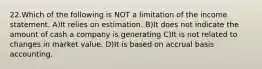 22.​Which of the following is NOT a limitation of the income statement. ​A)​It relies on estimation. ​B)​It does not indicate the amount of cash a company is generating ​C)​It is not related to changes in market value. ​D)​It is based on accrual basis accounting.