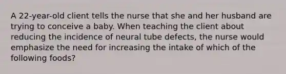 A 22-year-old client tells the nurse that she and her husband are trying to conceive a baby. When teaching the client about reducing the incidence of neural tube defects, the nurse would emphasize the need for increasing the intake of which of the following foods?