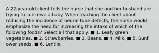 A 22-year-old client tells the nurse that she and her husband are trying to conceive a baby. When teaching the client about reducing the incidence of neural tube defects, the nurse would emphasize the need for increasing the intake of which of the following foods? Select all that apply. ■ 1. Leafy green vegetables. ■ 2. Strawberries. ■ 3. Beans. ■ 4. Milk. ■ 5. Sunfl ower seeds. ■ 6. Lentils.