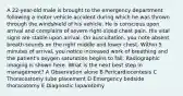 A 22-year-old male is brought to the emergency department following a motor vehicle accident during which he was thrown through the windshield of his vehicle. He is conscious upon arrival and complains of severe right-sided chest pain. His vital signs are stable upon arrival. On auscultation, you note absent breath sounds on the right middle and lower chest. Within 5 minutes of arrival, you notice increased work of breathing and the patient's oxygen saturation begins to fall. Radiographic imaging is shown here. What is the next best step in management? A Observation alone B Pericardiocentesis C Thoracostomy tube placement D Emergency bedside thoracotomy E Diagnostic laparotomy