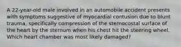 A 22-year-old male involved in an automobile accident presents with symptoms suggestive of myocardial contusion due to blunt trauma, specifically compression of the sternocostal surface of the heart by the sternum when his chest hit the steering wheel. Which heart chamber was most likely damaged?