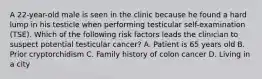 A 22-year-old male is seen in the clinic because he found a hard lump in his testicle when performing testicular self-examination (TSE). Which of the following risk factors leads the clinician to suspect potential testicular cancer? A. Patient is 65 years old B. Prior cryptorchidism C. Family history of colon cancer D. Living in a city