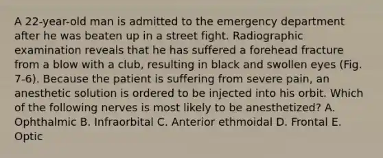A 22-year-old man is admitted to the emergency department after he was beaten up in a street fight. Radiographic examination reveals that he has suffered a forehead fracture from a blow with a club, resulting in black and swollen eyes (Fig. 7-6). Because the patient is suffering from severe pain, an anesthetic solution is ordered to be injected into his orbit. Which of the following nerves is most likely to be anesthetized? A. Ophthalmic B. Infraorbital C. Anterior ethmoidal D. Frontal E. Optic