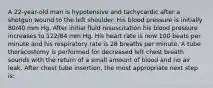 A 22-year-old man is hypotensive and tachycardic after a shotgun wound to the left shoulder. His blood pressure is initially 80/40 mm Hg. After initial fluid resuscitation his blood pressure increases to 122/84 mm Hg. His heart rate is now 100 beats per minute and his respiratory rate is 28 breaths per minute. A tube thoracostomy is performed for decreased left chest breath sounds with the return of a small amount of blood and no air leak. After chest tube insertion, the most appropriate next step is: