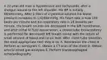 A 22-year-old man is hypotensive and tachycardic after a shotgun wound to the left shoulder. His BP is initially 80/40mmHg. After 2 liters of crystalloid solution his blood pressure increases to 122/84mmHg. His heart rate is now 100 beats per minute and his respiratory rate is 28 breaths per minute. His breath sounds are decreased in the left hemithorax, and after initial IV fluid resusciation, a closed tube thoracostomy is performed for decreased left breath sound with the return of small amount of blood and no air leak. After chest tube insertion, the most appropriate next step is to: A. Reexamine the chest B. Perform an aortogram C. Obtain a CT-scan of the chest D. Obtain arterial blood gas analyses E. Perform transesophageal echocardiography