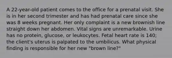 A 22-year-old patient comes to the office for a prenatal visit. She is in her second trimester and has had prenatal care since she was 8 weeks pregnant. Her only complaint is a new brownish line straight down her abdomen. Vital signs are unremarkable. Urine has no protein, glucose, or leukocytes. Fetal heart rate is 140; the client's uterus is palpated to the umbilicus. What physical finding is responsible for her new "brown line?"