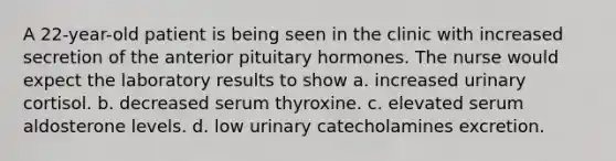 A 22-year-old patient is being seen in the clinic with increased secretion of the anterior pituitary hormones. The nurse would expect the laboratory results to show a. increased urinary cortisol. b. decreased serum thyroxine. c. elevated serum aldosterone levels. d. low urinary catecholamines excretion.