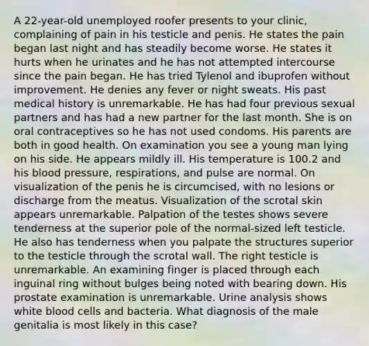 A 22-year-old unemployed roofer presents to your clinic, complaining of pain in his testicle and penis. He states the pain began last night and has steadily become worse. He states it hurts when he urinates and he has not attempted intercourse since the pain began. He has tried Tylenol and ibuprofen without improvement. He denies any fever or night sweats. His past medical history is unremarkable. He has had four previous sexual partners and has had a new partner for the last month. She is on oral contraceptives so he has not used condoms. His parents are both in good health. On examination you see a young man lying on his side. He appears mildly ill. His temperature is 100.2 and his blood pressure, respirations, and pulse are normal. On visualization of the penis he is circumcised, with no lesions or discharge from the meatus. Visualization of the scrotal skin appears unremarkable. Palpation of the testes shows severe tenderness at the superior pole of the normal-sized left testicle. He also has tenderness when you palpate the structures superior to the testicle through the scrotal wall. The right testicle is unremarkable. An examining finger is placed through each inguinal ring without bulges being noted with bearing down. His prostate examination is unremarkable. Urine analysis shows white blood cells and bacteria. What diagnosis of the male genitalia is most likely in this case?