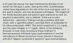 A 22-year-old woman has been bothered by dryness in her mouth for the past 2 years. During this time, erythematous rashes have appeared on the skin of her face and upper neck. In the past 6 months, she has developed arthralgias. The fingers of her hands become pale and painful upon exposure to cold. On physical examination, she is afebrile. There are no joint deformities. Laboratory findings include a positive ANA test result, with a speckled pattern, and high titers of antibodies to U1-ribonucleoprotein (RNP). The serum creatinine is 1.1 mg/dL, and the urea nitrogen is 17 mg/dL. Which of the following diseases is most likely to produce these findings? A Dermatomyositis B Discoid lupus erythematosus C Limited scleroderma D Mixed connective tissue disease E Reactive arthritis F Sjögren syndrome G Systemic lupus erythematosus