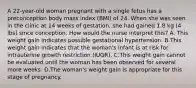 A 22-year-old woman pregnant with a single fetus has a preconception body mass index (BMI) of 24. When she was seen in the clinic at 14 weeks of gestation, she had gained 1.8 kg (4 lbs) since conception. How would the nurse interpret this? A. This weight gain indicates possible gestational hypertension. B.This weight gain indicates that the woman's infant is at risk for intrauterine growth restriction (IUGR). C.This weight gain cannot be evaluated until the woman has been observed for several more weeks. D.The woman's weight gain is appropriate for this stage of pregnancy.