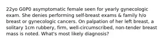 22yo G0P0 asymptomatic female seen for yearly gynecologic exam. She denies performing self-breast exams & family h/o breast or gynecologic cancers. On palpation of her left breast, a solitary 1cm rubbery, firm, well-circumscribed, non-tender breast mass is noted. What's most likely diagnosis?