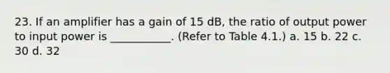 23. If an amplifier has a gain of 15 dB, the ratio of output power to input power is ___________. (Refer to Table 4.1.) a. 15 b. 22 c. 30 d. 32