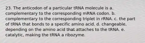 23. The anticodon of a particular tRNA molecule is a. complementary to the corresponding mRNA codon. b. complementary to the corresponding triplet in rRNA. c. the part of tRNA that bonds to a specific amino acid. d. changeable, depending on the amino acid that attaches to the tRNA. e. catalytic, making the tRNA a ribozyme.