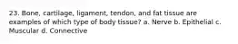 23. Bone, cartilage, ligament, tendon, and fat tissue are examples of which type of body tissue? a. Nerve b. Epithelial c. Muscular d. Connective