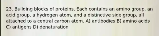 23. Building blocks of proteins. Each contains an amino group, an acid group, a hydrogen atom, and a distinctive side group, all attached to a central carbon atom. A) antibodies B) amino acids C) antigens D) denaturation