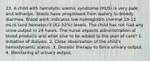 23. A child with hemolytic uremic syndrome (HUS) is very pale and lethargic. Stools have progressed from watery to bloody diarrhea. Blood work indicates low hemoglobin (normal 10-13 mL/d )and hematocrit (42-52%) levels. The child has not had any urine output in 24 hours. The nurse expects administration of blood products and what else to be added to the plan of care? 1. Initiation of dialysis. 2. Close observation of the child's hemodynamic status. 3. Diuretic therapy to force urinary output. 4. Monitoring of urinary output.