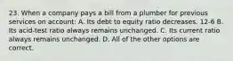 23. When a company pays a bill from a plumber for previous services on account: A. Its debt to equity ratio decreases. 12-6 B. Its acid-test ratio always remains unchanged. C. Its current ratio always remains unchanged. D. All of the other options are correct.