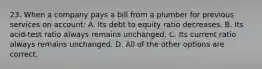 23. When a company pays a bill from a plumber for previous services on account: A. Its debt to equity ratio decreases. B. Its acid-test ratio always remains unchanged. C. Its current ratio always remains unchanged. D. All of the other options are correct.