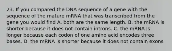 23. If you compared the DNA sequence of a gene with the sequence of the mature mRNA that was transcribed from the gene you would find A. both are the same length. B. the mRNA is shorter because it does not contain introns. C. the mRNA is longer because each codon of one amino acid encodes three bases. D. the mRNA is shorter because it does not contain exons