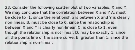 23. Consider the following scatter plot of two variables, X and Y. We may conclude that the correlation between X and Y A. must be close to -1, since the relationship is between X and Y is clearly non-linear. B. must be close to 0, since the relationship is between X and Y is clearly non-linear. C. is close to 1, even though the relationship is not linear. D. may be exactly 1, since all the points line of the same curve. E. greater than 1, since the relationship is non-linear.