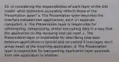 23. In considering the responsibilities of each layer of the OSI model, what statement accurately reflects those of the Presentation layer? a. The Presentation layer describes the interface between two applications, each on separate computers. b. The Presentation layer is responsible for reformatting, compressing, and/or encrypting data in a way that the application on the receiving end can read. c. The Presentation layer is responsible for describing how data between applications is synced and recovered if messages don't arrive intact at the receiving application. d. The Presentation layer is responsible for transporting Application layer payloads from one application to another.