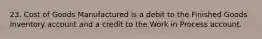 23. Cost of Goods Manufactured is a debit to the Finished Goods Inventory account and a credit to the Work in Process account.