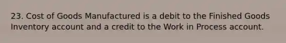 23. Cost of Goods Manufactured is a debit to the Finished Goods Inventory account and a credit to the Work in Process account.