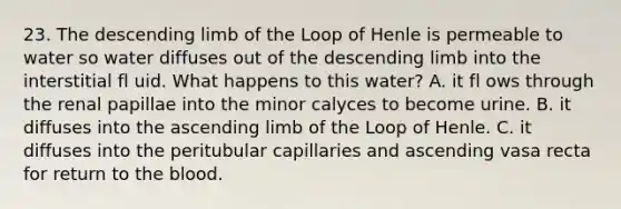 23. The descending limb of the Loop of Henle is permeable to water so water diffuses out of the descending limb into the interstitial fl uid. What happens to this water? A. it fl ows through the renal papillae into the minor calyces to become urine. B. it diffuses into the ascending limb of the Loop of Henle. C. it diffuses into the peritubular capillaries and ascending vasa recta for return to the blood.