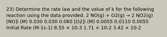 23) Determine the rate law and the value of k for the following reaction using the data provided. 2 NO(g) + O2(g) → 2 NO2(g) [NO]i (M) 0.030 0.030 0.060 [O2]i (M) 0.0055 0.0110 0.0055 Initial Rate (M-1s-1) 8.55 × 10-3 1.71 × 10-2 3.42 × 10-2