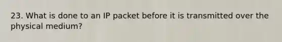 23. What is done to an IP packet before it is transmitted over the physical medium?