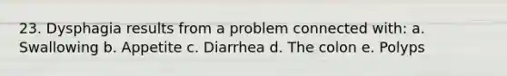 23. Dysphagia results from a problem connected with: a. Swallowing b. Appetite c. Diarrhea d. The colon e. Polyps