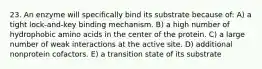 23. An enzyme will specifically bind its substrate because of: A) a tight lock-and-key binding mechanism. B) a high number of hydrophobic amino acids in the center of the protein. C) a large number of weak interactions at the active site. D) additional nonprotein cofactors. E) a transition state of its substrate