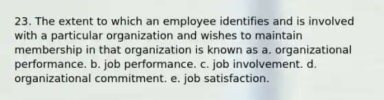 23. The extent to which an employee identifies and is involved with a particular organization and wishes to maintain membership in that organization is known as a. organizational performance. b. job performance. c. job involvement. d. organizational commitment. e. job satisfaction.