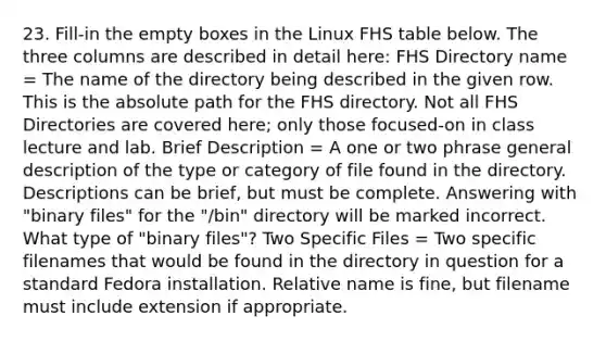 23. Fill-in the empty boxes in the Linux FHS table below. The three columns are described in detail here: FHS Directory name = The name of the directory being described in the given row. This is the absolute path for the FHS directory. Not all FHS Directories are covered here; only those focused-on in class lecture and lab. Brief Description = A one or two phrase general description of the type or category of file found in the directory. Descriptions can be brief, but must be complete. Answering with "binary files" for the "/bin" directory will be marked incorrect. What type of "binary files"? Two Specific Files = Two specific filenames that would be found in the directory in question for a standard Fedora installation. Relative name is fine, but filename must include extension if appropriate.