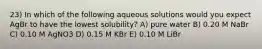 23) In which of the following aqueous solutions would you expect AgBr to have the lowest solubility? A) pure water B) 0.20 M NaBr C) 0.10 M AgNO3 D) 0.15 M KBr E) 0.10 M LiBr