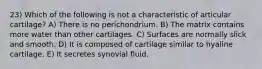 23) Which of the following is not a characteristic of articular cartilage? A) There is no perichondrium. B) The matrix contains more water than other cartilages. C) Surfaces are normally slick and smooth. D) It is composed of cartilage similar to hyaline cartilage. E) It secretes synovial fluid.